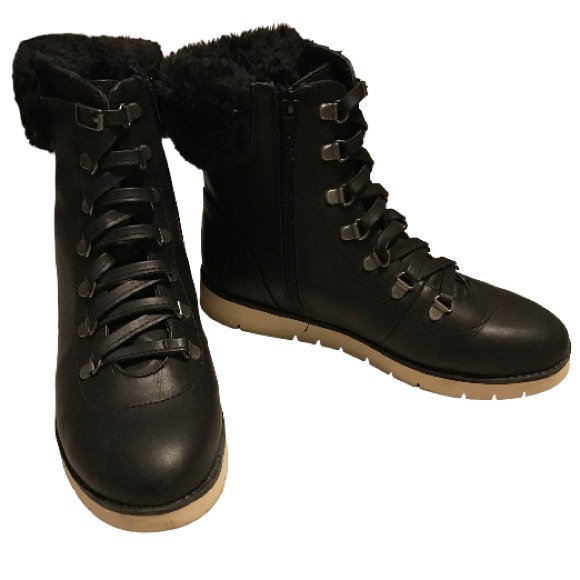 FREE PEOPLE MIA COMBAT STYLE BLACK LACE UP BOOTS WITH SIDE ZIPPER&FAUX FUR HEEL - Picture 10 of 10